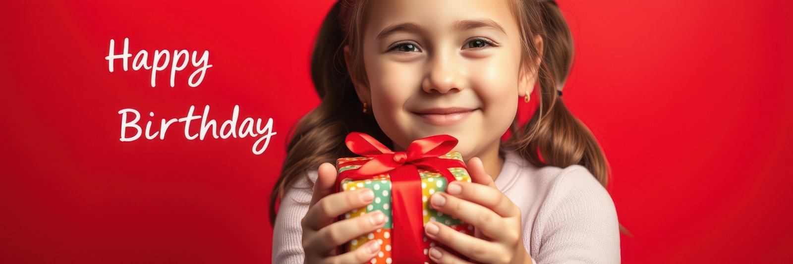 Celebrating a joyful birthday with a girl holding a colorful gift against a vibrant red background